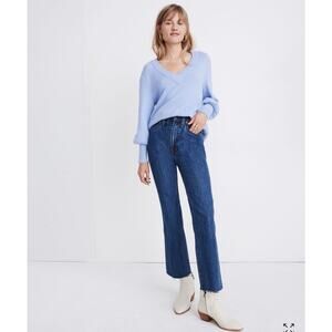 Madewell M Dashwood‎ V Neck Coziest Yarn Sweater Heather Perri Blue Puff Sleeve